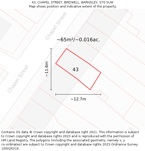 43, CHAPEL STREET, BIRDWELL, BARNSLEY, S70 5UW: Plot and title map