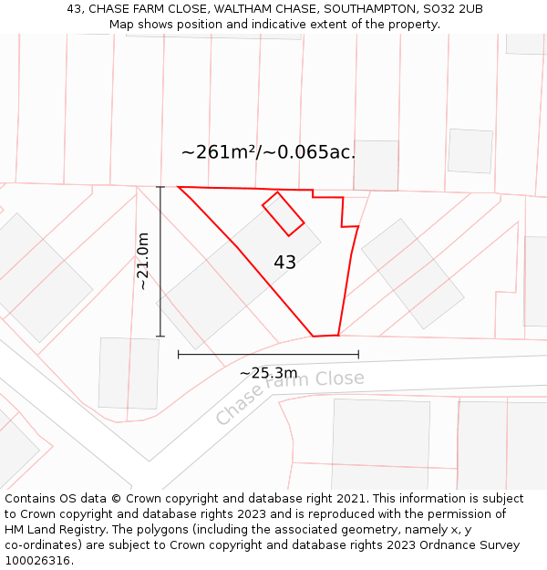 43, CHASE FARM CLOSE, WALTHAM CHASE, SOUTHAMPTON, SO32 2UB: Plot and title map