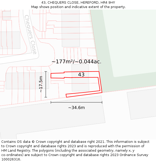 43, CHEQUERS CLOSE, HEREFORD, HR4 9HY: Plot and title map