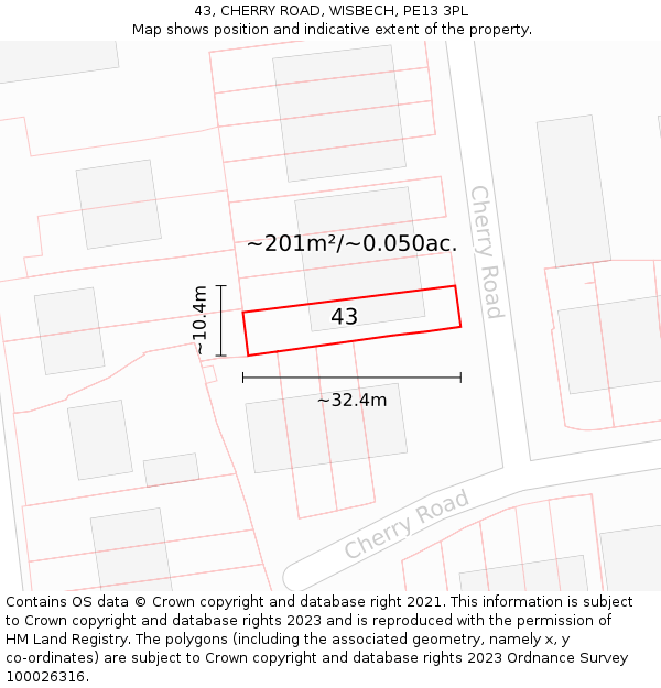 43, CHERRY ROAD, WISBECH, PE13 3PL: Plot and title map