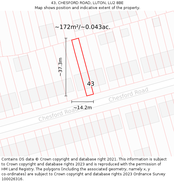 43, CHESFORD ROAD, LUTON, LU2 8BE: Plot and title map