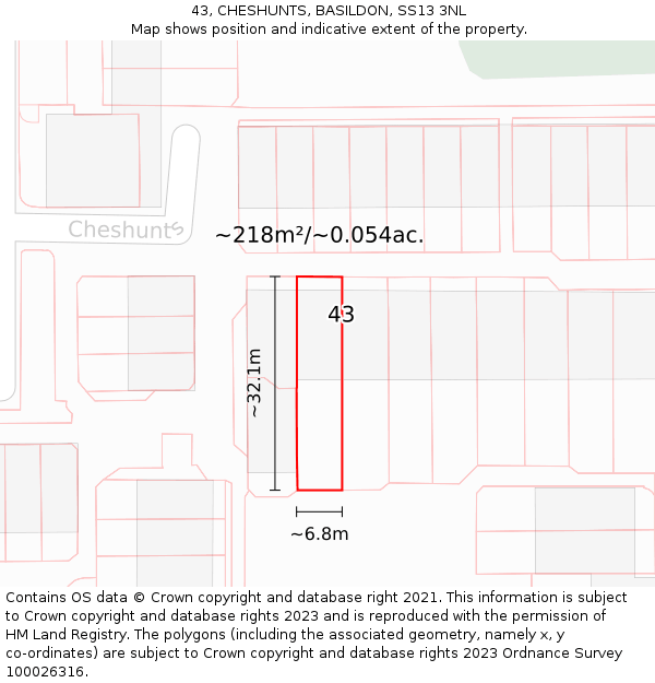 43, CHESHUNTS, BASILDON, SS13 3NL: Plot and title map