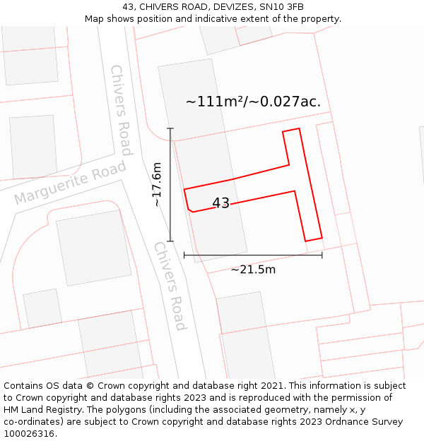 43, CHIVERS ROAD, DEVIZES, SN10 3FB: Plot and title map