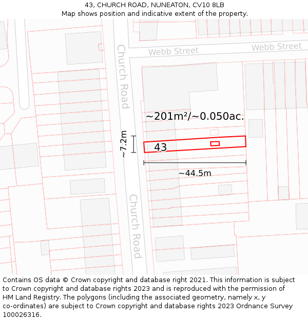 43, CHURCH ROAD, NUNEATON, CV10 8LB: Plot and title map