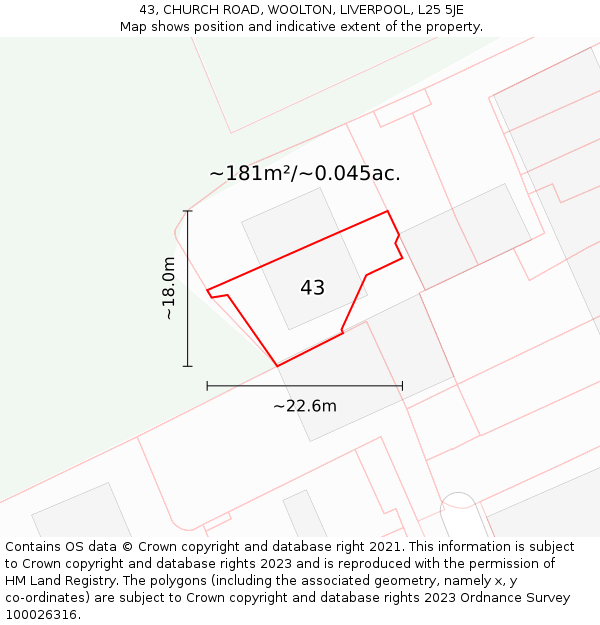 43, CHURCH ROAD, WOOLTON, LIVERPOOL, L25 5JE: Plot and title map