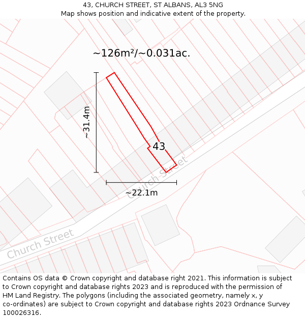 43, CHURCH STREET, ST ALBANS, AL3 5NG: Plot and title map