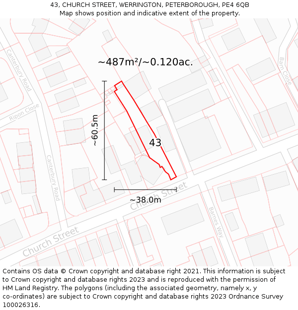 43, CHURCH STREET, WERRINGTON, PETERBOROUGH, PE4 6QB: Plot and title map
