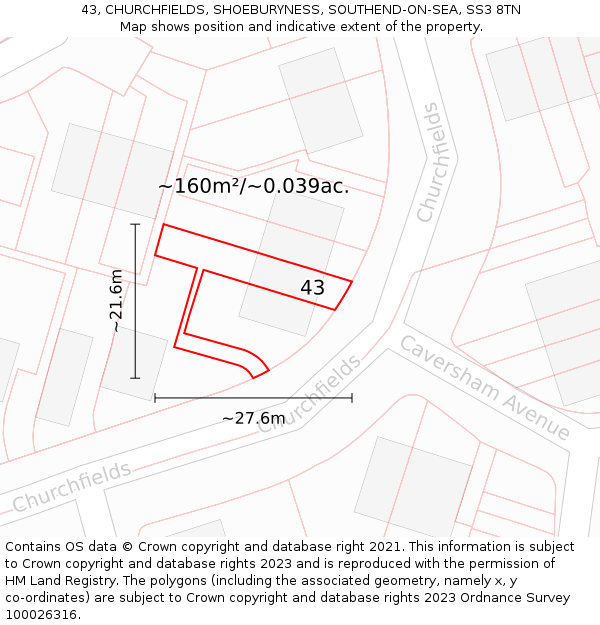 43, CHURCHFIELDS, SHOEBURYNESS, SOUTHEND-ON-SEA, SS3 8TN: Plot and title map