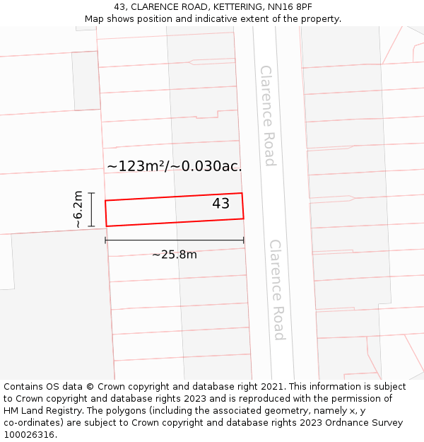 43, CLARENCE ROAD, KETTERING, NN16 8PF: Plot and title map