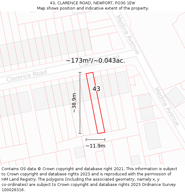 43, CLARENCE ROAD, NEWPORT, PO30 1EW: Plot and title map
