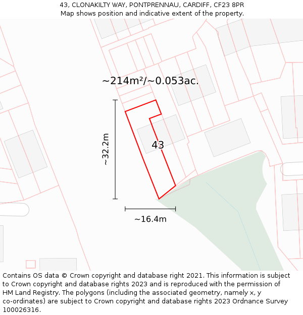 43, CLONAKILTY WAY, PONTPRENNAU, CARDIFF, CF23 8PR: Plot and title map