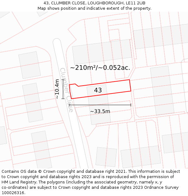 43, CLUMBER CLOSE, LOUGHBOROUGH, LE11 2UB: Plot and title map