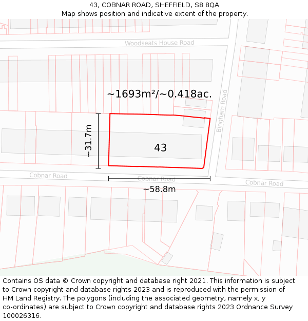 43, COBNAR ROAD, SHEFFIELD, S8 8QA: Plot and title map