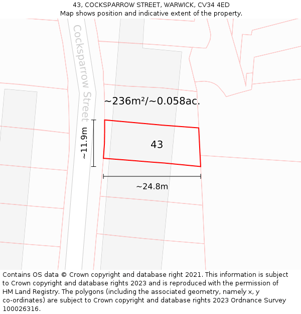 43, COCKSPARROW STREET, WARWICK, CV34 4ED: Plot and title map
