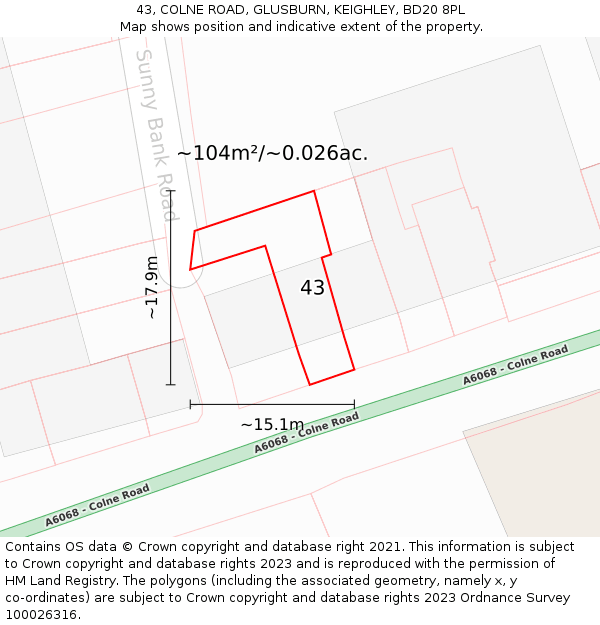 43, COLNE ROAD, GLUSBURN, KEIGHLEY, BD20 8PL: Plot and title map