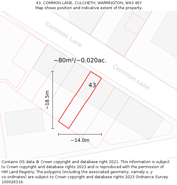 43, COMMON LANE, CULCHETH, WARRINGTON, WA3 4EY: Plot and title map