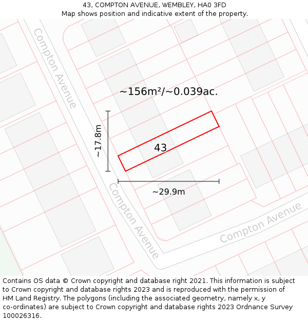 43, COMPTON AVENUE, WEMBLEY, HA0 3FD: Plot and title map