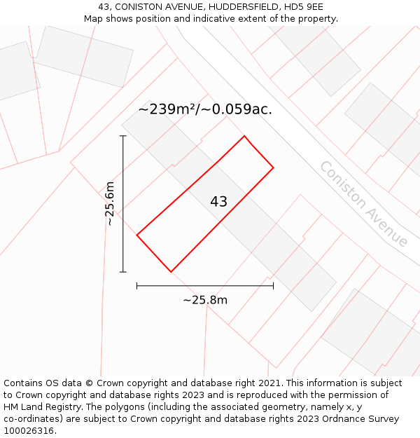43, CONISTON AVENUE, HUDDERSFIELD, HD5 9EE: Plot and title map