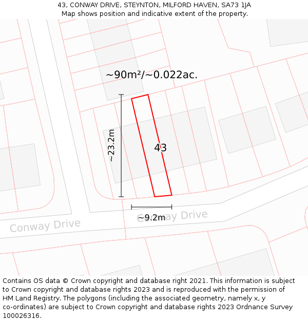 43, CONWAY DRIVE, STEYNTON, MILFORD HAVEN, SA73 1JA: Plot and title map