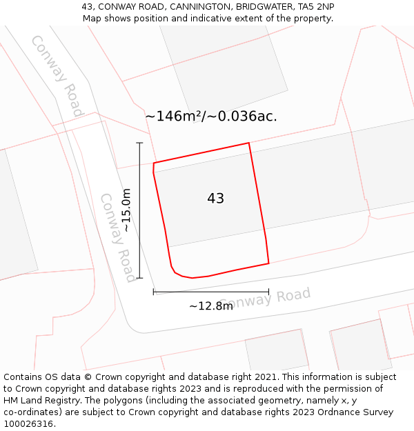 43, CONWAY ROAD, CANNINGTON, BRIDGWATER, TA5 2NP: Plot and title map