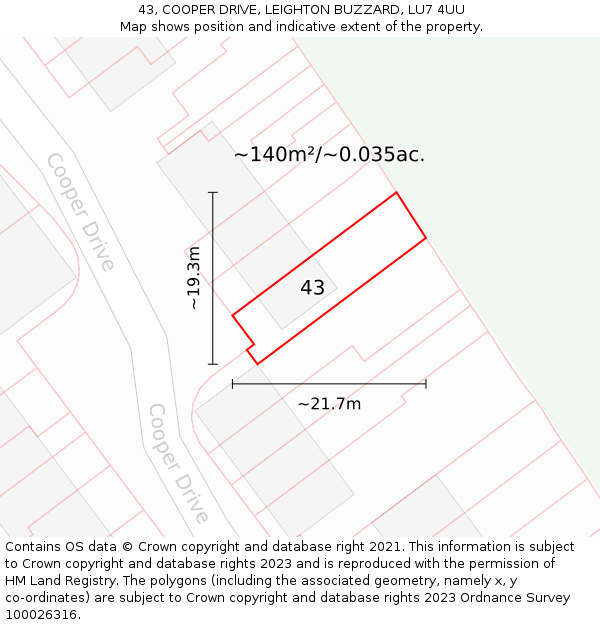 43, COOPER DRIVE, LEIGHTON BUZZARD, LU7 4UU: Plot and title map