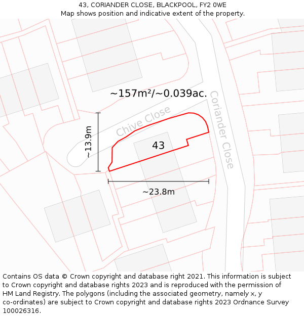 43, CORIANDER CLOSE, BLACKPOOL, FY2 0WE: Plot and title map