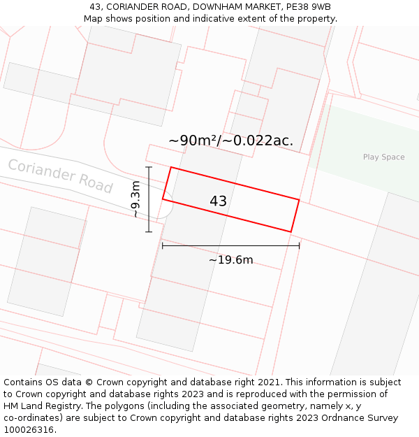 43, CORIANDER ROAD, DOWNHAM MARKET, PE38 9WB: Plot and title map
