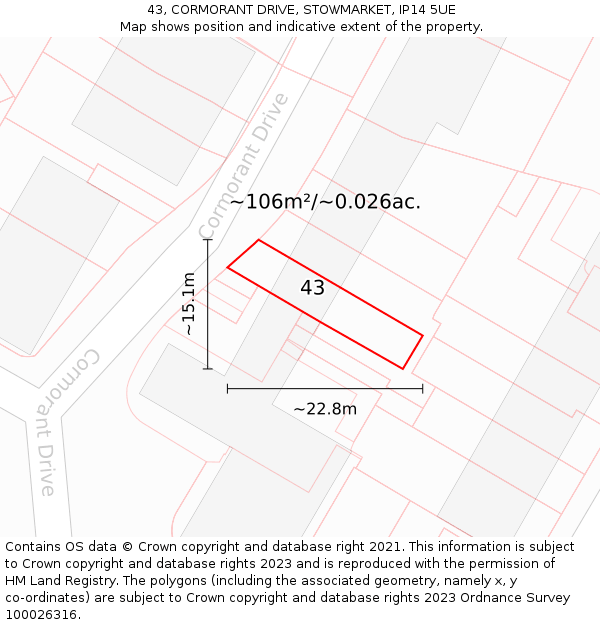 43, CORMORANT DRIVE, STOWMARKET, IP14 5UE: Plot and title map