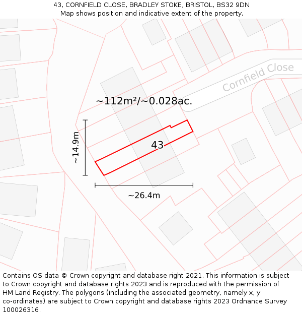 43, CORNFIELD CLOSE, BRADLEY STOKE, BRISTOL, BS32 9DN: Plot and title map