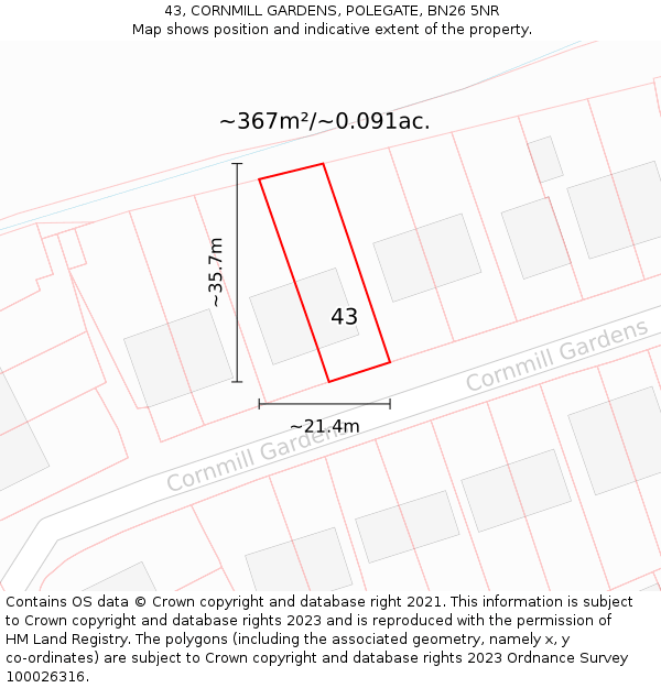 43, CORNMILL GARDENS, POLEGATE, BN26 5NR: Plot and title map