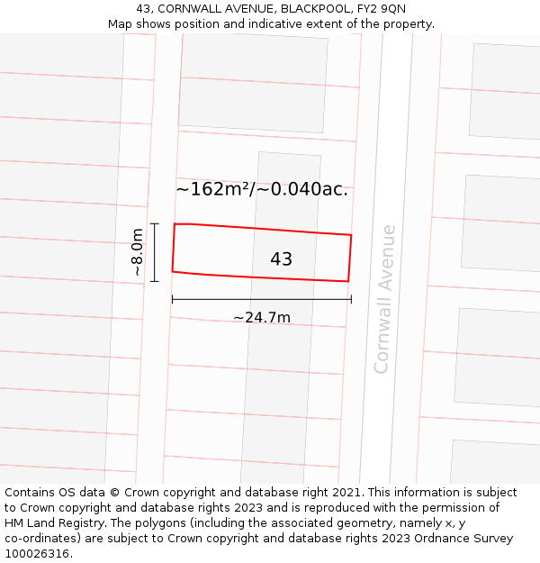 43, CORNWALL AVENUE, BLACKPOOL, FY2 9QN: Plot and title map