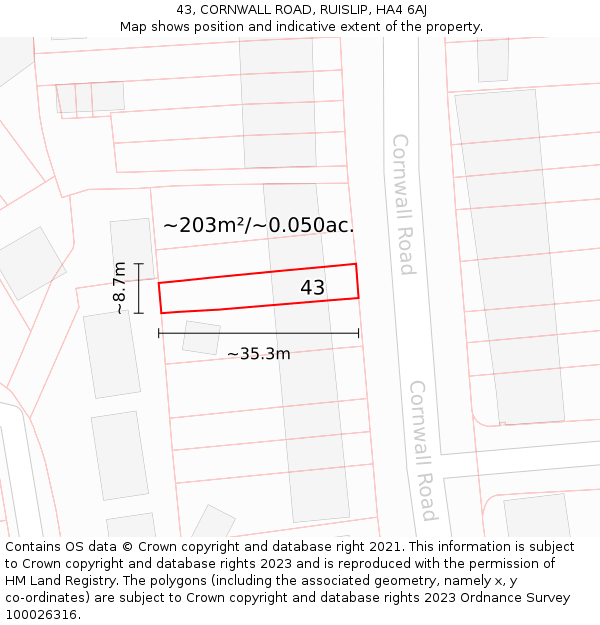 43, CORNWALL ROAD, RUISLIP, HA4 6AJ: Plot and title map