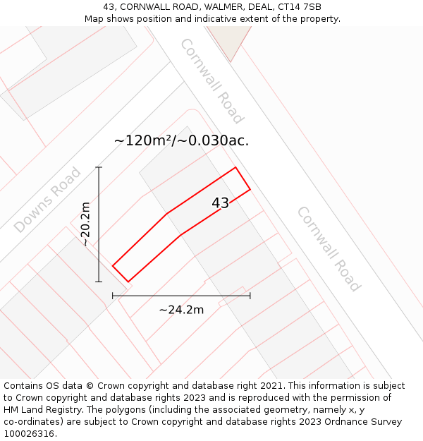 43, CORNWALL ROAD, WALMER, DEAL, CT14 7SB: Plot and title map