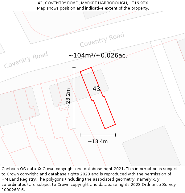 43, COVENTRY ROAD, MARKET HARBOROUGH, LE16 9BX: Plot and title map