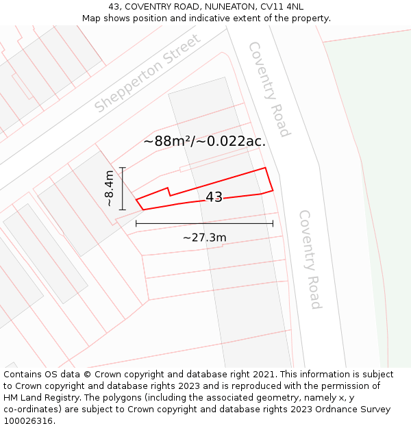 43, COVENTRY ROAD, NUNEATON, CV11 4NL: Plot and title map