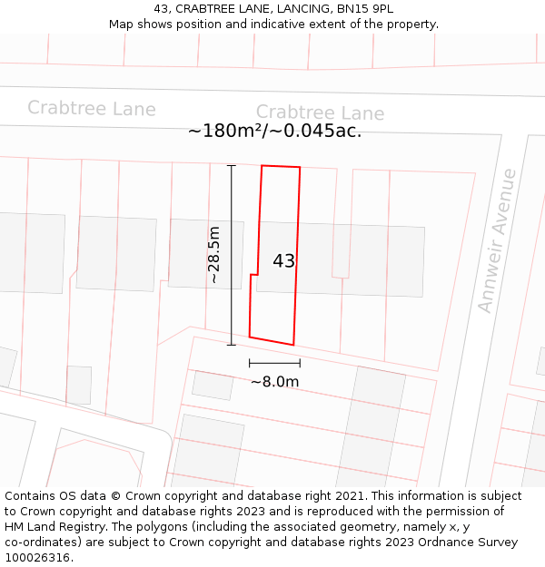 43, CRABTREE LANE, LANCING, BN15 9PL: Plot and title map