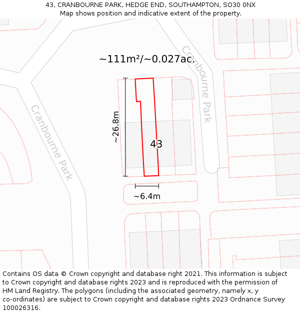 43, CRANBOURNE PARK, HEDGE END, SOUTHAMPTON, SO30 0NX: Plot and title map