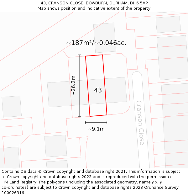 43, CRANSON CLOSE, BOWBURN, DURHAM, DH6 5AP: Plot and title map