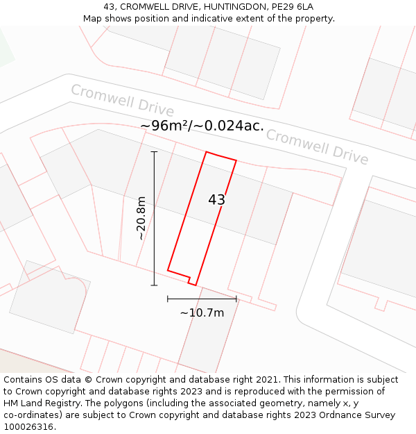 43, CROMWELL DRIVE, HUNTINGDON, PE29 6LA: Plot and title map