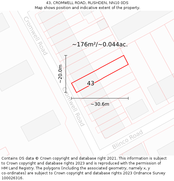 43, CROMWELL ROAD, RUSHDEN, NN10 0DS: Plot and title map