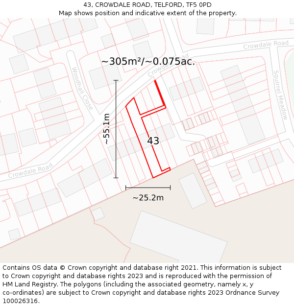 43, CROWDALE ROAD, TELFORD, TF5 0PD: Plot and title map