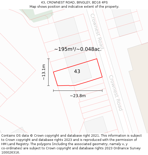 43, CROWNEST ROAD, BINGLEY, BD16 4PS: Plot and title map