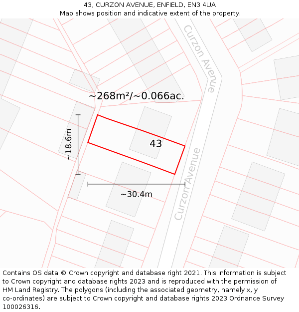 43, CURZON AVENUE, ENFIELD, EN3 4UA: Plot and title map