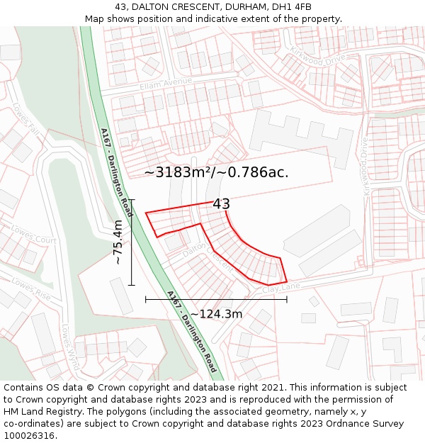 43, DALTON CRESCENT, DURHAM, DH1 4FB: Plot and title map