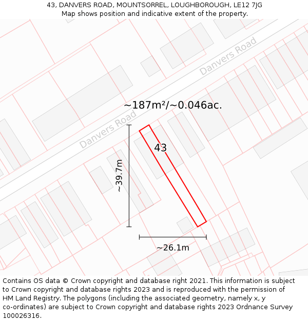 43, DANVERS ROAD, MOUNTSORREL, LOUGHBOROUGH, LE12 7JG: Plot and title map