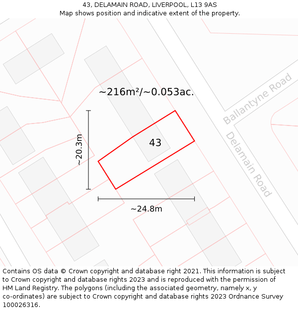 43, DELAMAIN ROAD, LIVERPOOL, L13 9AS: Plot and title map