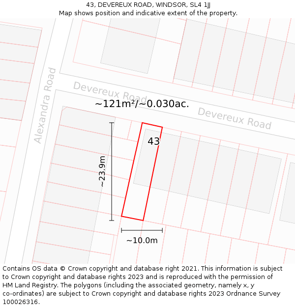 43, DEVEREUX ROAD, WINDSOR, SL4 1JJ: Plot and title map