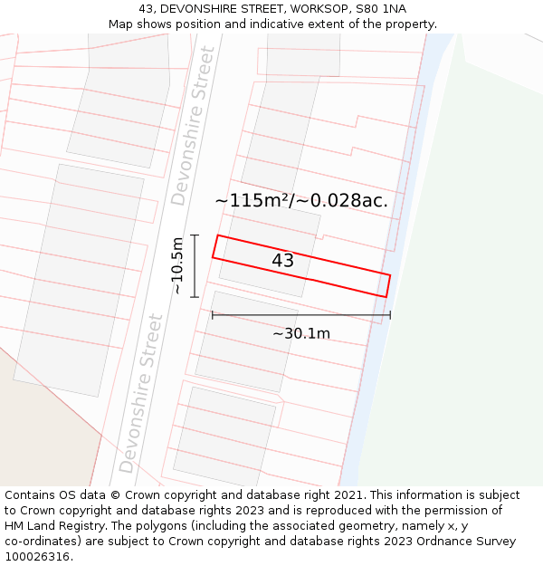 43, DEVONSHIRE STREET, WORKSOP, S80 1NA: Plot and title map