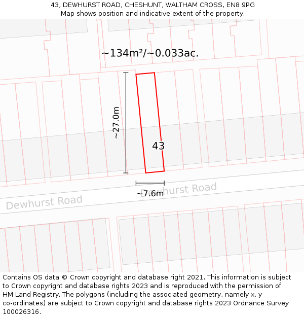 43, DEWHURST ROAD, CHESHUNT, WALTHAM CROSS, EN8 9PG: Plot and title map