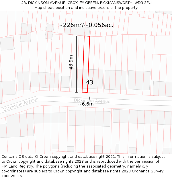 43, DICKINSON AVENUE, CROXLEY GREEN, RICKMANSWORTH, WD3 3EU: Plot and title map